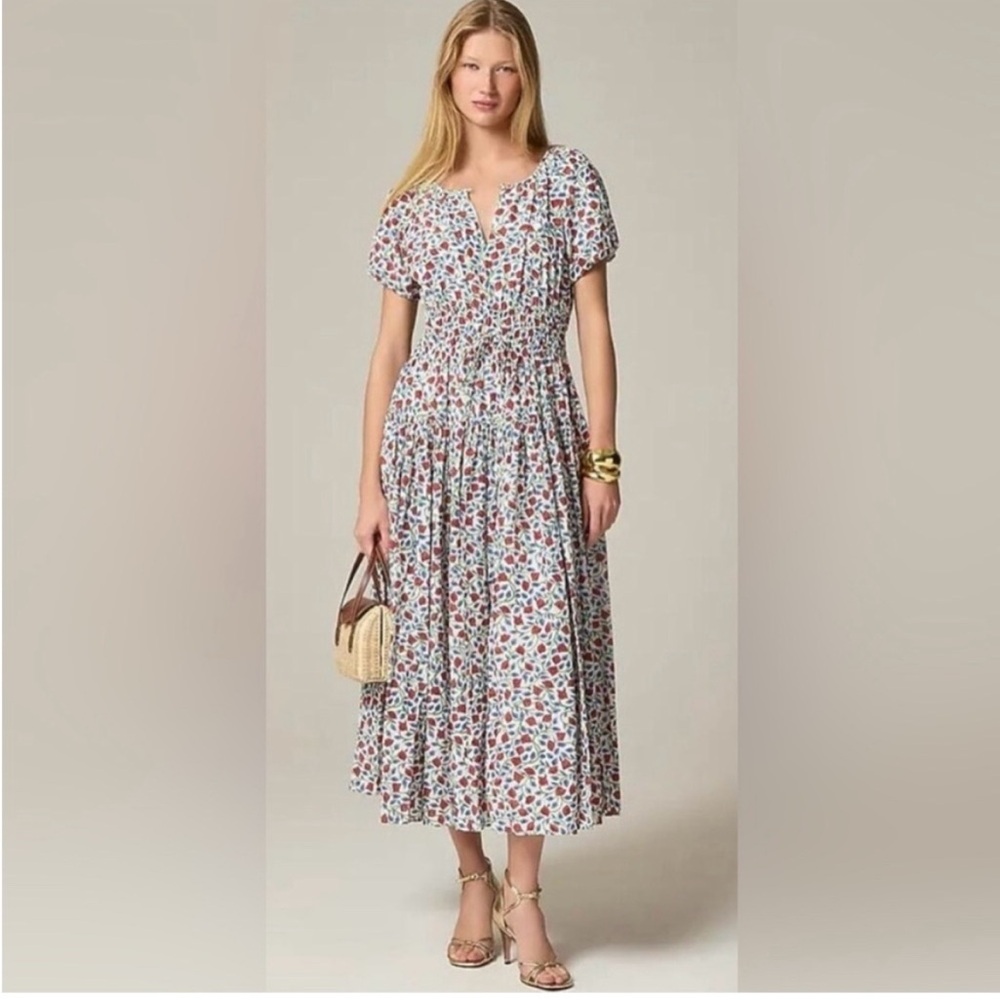 J Crew Floral Shirred Waist Midi Dress in White and Rust